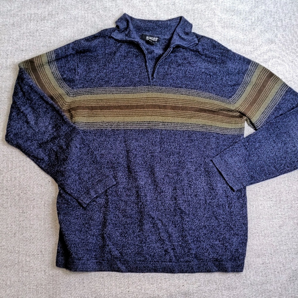 Slates Quarter Zip Sweater Mens L Blue Striped Excellent Collared Pullover